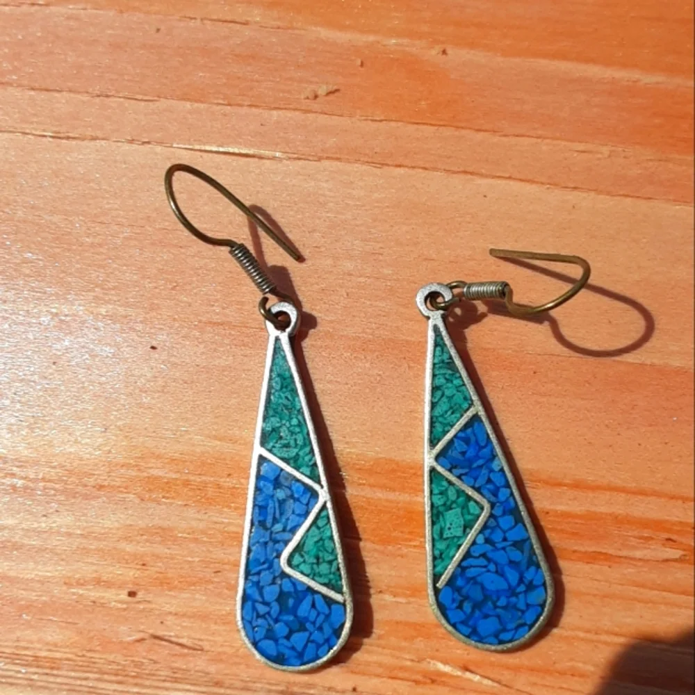 Aztec Mexican handcrafted silver turquoise malachite teardrop mosaic earrings NW - Picture 1 of 3